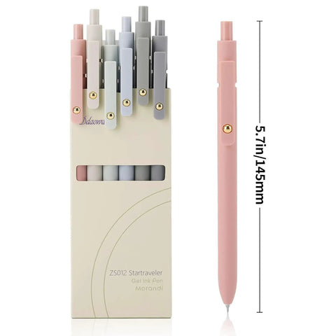 Pack Of Six Smooth Writing Retractable Gel Pens Featuring Snappy Click Mechanism And Fast Drying Black Ink That Rolls Dead Smooth Across Pages in a stylish holder.