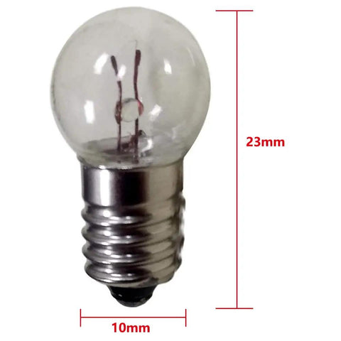 E10 miniature screw light bulb, 23mm height, 10mm base, clear glass, ideal for circuits and science kits.