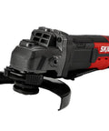 Plug And Play Angle Grinder With Ripping 8 Amp Motor And 5 Inch Cutting Disc For Knockout Performance Featuring No Fuss Guard Adjustments And Solid Side Handle Control showing close-up of exposed cutting disc and handle.
