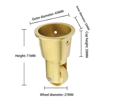 Vintage Solid Brass Casters 4 Piece Set Antique Swivel Furniture Wheels 27 mm showing dimensions of cup and wheel.