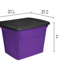 Top Shelf 18 Gallon Storage Totes With Lids, Stackable Plastic Bins For Heavy Duty Organizing, purple bin with black lid.