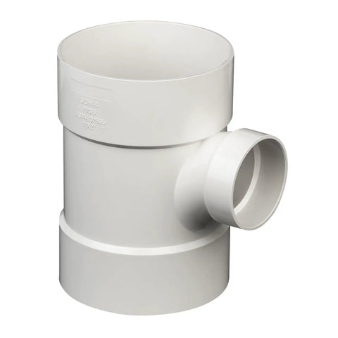 PVC DWV Sanitary Reducer Tee 4 By 4 By 2 Inch For Drain Waste And Vent Plumbing Fittings White Smooth Transition Vertical Line