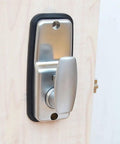 Rock Solid Waterproof Mechanical Deadbolt Door Lock Featuring Rust Proof Aluminum Alloy Steel Keyless Entry Panel with smooth handle on wooden door.