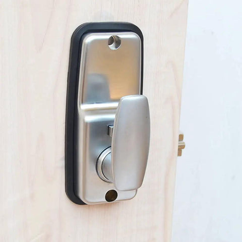 Rock Solid Waterproof Mechanical Deadbolt Door Lock Featuring Rust Proof Aluminum Alloy Steel Keyless Entry Panel with smooth handle on wooden door.