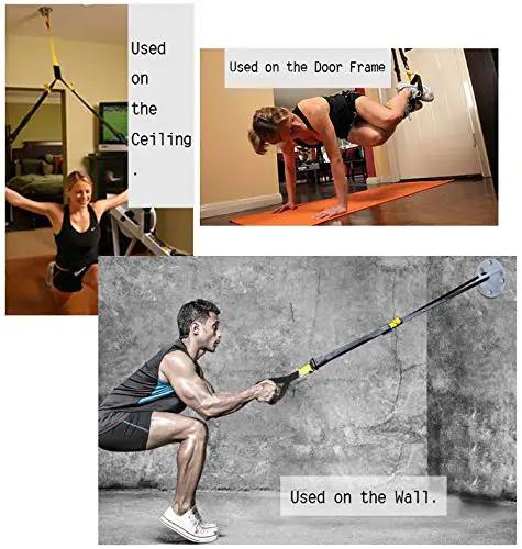 Heavy Duty Wall And Ceiling Mount Bracket For Gym Suspension Straps And Battle Ropes With 850 Lb Load Rating shown in various uses on wall, ceiling, and door frame.