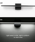 24 Inch Black Modern LED Vanity Light With Frosted Aluminum Finish For Bathroom Mirror Cabinet And Powder Room Sleek Energy Saving Vanity Fixture In Cool White 6000K, shown in off and on states