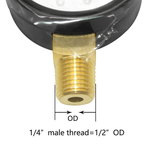 Brass 1/4in male NPT pressure gauge fitting on a black housing, close-up