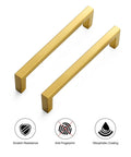 Killer Gold Cabinet Pulls Slim Kitchen Handles With Butter Smooth Fitting Dead On 5 Inch Center To Center Spacing For Easy Cupboard Refresh Top Tier Home Hardware, close-up view of two stylish gold handles.