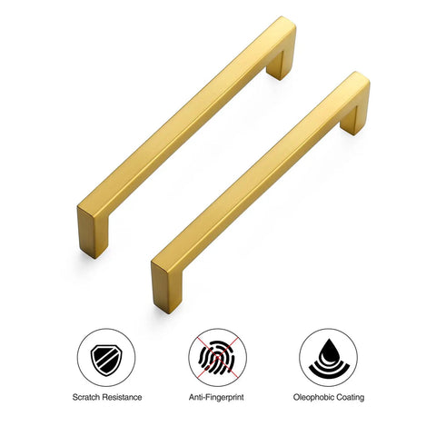 Killer Gold Cabinet Pulls Slim Kitchen Handles With Butter Smooth Fitting Dead On 5 Inch Center To Center Spacing For Easy Cupboard Refresh Top Tier Home Hardware, close-up view of two stylish gold handles.