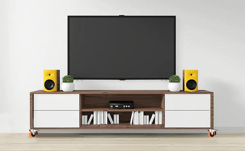 Heavy Duty Stem Casters Swivel Wheel Set With Dual Locking Brakes precision thread two inch diameter on modern TV stand.