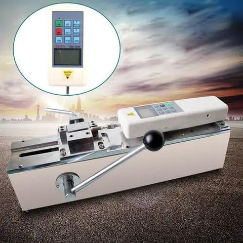 Hardcore Commercial Digital Force Gauge And Push Pull Meter With Slick 500N Tensile Testing Bench Platform For Knockout Horizontal Wire Harness Pull Strength Verification showing digital meter and test stand.