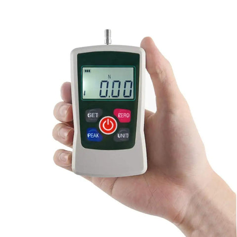 Handheld Digital Force Gauge Push Pull Dynamometer Tester With 10N Max Load displaying measurement in a user's hand, precision tool for testing.