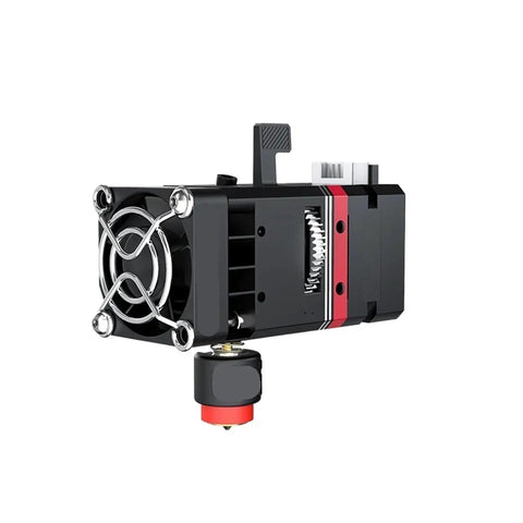 Heavy Duty Dual Gear Extruder Hotend Built Different For Smooth Printing And Crisp Details With 0.8 Mm Brass Nozzle 24V Heater Core Up To 300C For Voron V0 And Ender 3 Kits side view of the extruder showcasing fan and nozzle.