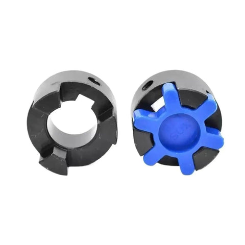 L095 L-Type Three Jaw Coupling 55mm Steel Flexible Nitrile Spider showing black housing and blue spider for servo motors.