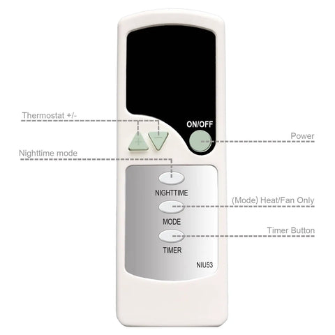 Score Big With This Replacement Remote Control For Space Heaters Featuring Smooth Wireless Link Fast Temperature Swaps and Rock Solid Timer Modes Great Fit For Modern Auto Climate Units Keeps Rooms Cozy Without Fuss Runs On Standard AAA Battery Pack - remote control design with buttons for power, mode, timer and thermostat.
