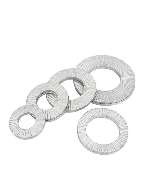 Five Eighth Inch Belleville Self Locking Washers in stainless steel, five pieces, for automotive equipment, arranged in a row.