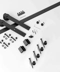 Components of 5ft Barn Door Hardware Kit with I shape hanger, carbon steel sliding track, nylon rollers, for 30 inch doors.