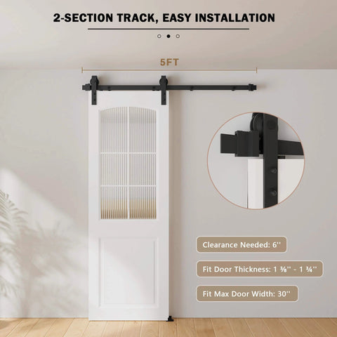 5FT Sliding Barn Door Hardware Kit for Single Doors up to 30 Inch installed in a living room, indicating clearance and fit specifications