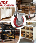 Five Inch Locking Swivel Caster Wheels Set Of Four With One Half Inch By Thirteen Threaded Stem And One And One Half Inch Length Heavy Duty Industrial Castors For Cart Furniture And Workbench Quiet Polyurethane Wheels With Brake Locks And Floor Protection, shown on various carts and furniture.