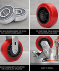 6 Inch Heavy Duty Polyurethane Caster Wheels Set of 4 with Double Roller Bearings on Polyolefin Core, showcasing top and side views.