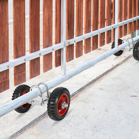 6 Inch Rubber Rolling Gate Wheel With Double U Bolts And Hardware Kit Sliding Gate Rollers For Driveway Gates Chain Link Fence And Metal Tube Gates Stainless Steel Plate 550 Lb Capacity Durable Outdoor Hardware, shown installed on metal gate