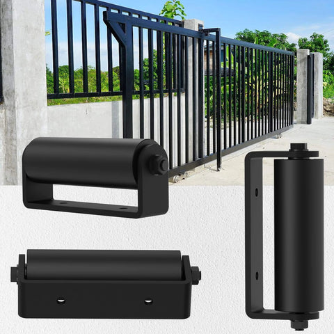 6 Inch Sliding Gate Guide Rollers 2 Pack with C Post Welded Bracket, heavy duty nylon rollers, installed on metal gate.