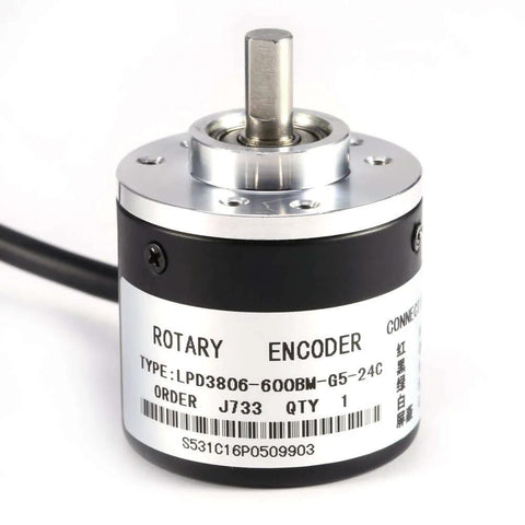 600 PPR AB Two Phase Incremental Optical Rotary Encoder 5V to 24V Supply, front view with visible shaft and labeling.