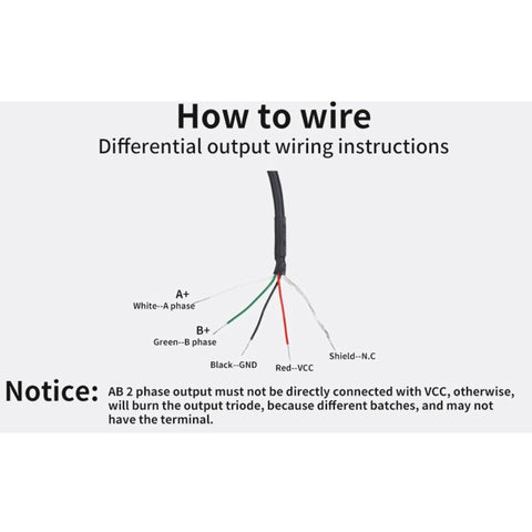 Wiring instructions for differential output of 600 PPR AB Two Phase Incremental Optical Rotary Encoder 5V to 24V Supply, 6mm Shaft