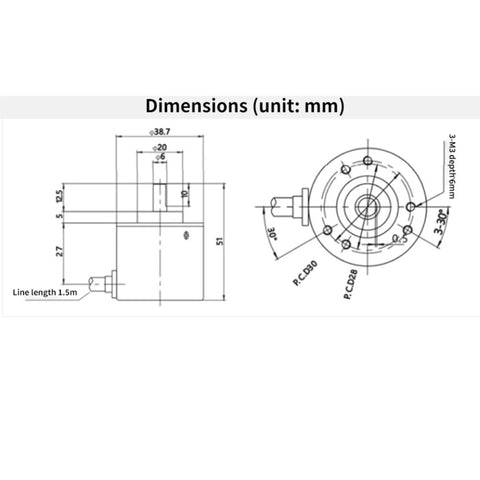 Technical drawing of 600 PPR AB Two Phase Incremental Optical Rotary Encoder 5V to 24V, 6mm shaft, dimensions labeled in mm