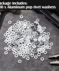 600 Pieces Aluminum Backup Pop Rivet Washers 3/16 X 1/2 Inch For Boats And Cars, scattered on concrete surface with tools nearby.