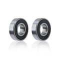 Two 6001RS ball bearings, double sealed, deep groove, 28mm outer diameter, front view, designed for high-speed applications