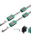 Two 600mm HGR20 linear rails paired with four HGH20CA square carriages, screws, and wrench, for CNC machines and automation.