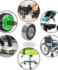 Various applications of 100 PCS 608-2RS Ball Bearing - Double Rubber Sealed Shielded, shown in wheels, chairs, and sports equipment