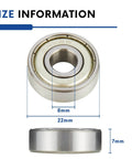 Size dimensions of 10pcs 608ZZ Ball Bearing, Double Metal Sealed Deep Groove Bearings 8x22x7mm, 608-ZZ in chromium steel