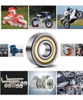 Collage showcasing 608 ZZ Ball Bearings(10PCS), featuring applications in skates, bikes, and industrial machines, with a central product image.