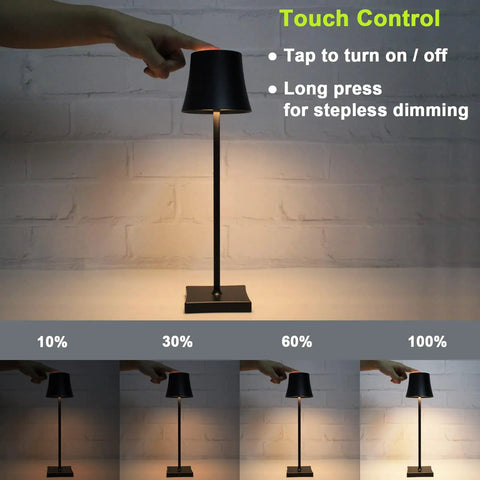 Rechargeable Cordless LED Table Lamp With 5200mAh Battery, All Aluminum Body, IP54 Waterproof, Warm Light, Touch Dimming display