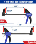Go-To Mini Bar Clamp Set For Woodworking, Four-Piece One-Handed F Style Quick-Change Clamps, Two 4.5 Inch And Two 6 Inch Bar Clamps, Light-Duty With 150 Pound Load, Blue, Handy Spreaders For DIY Projects showing a single 4.5 inch clamp in closed and spreader position