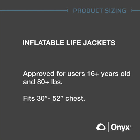Text image showing USCG Approved Manual Inflatable Belt Pack With Low Profile And 52 Inch Waist Fit, features and sizing details.