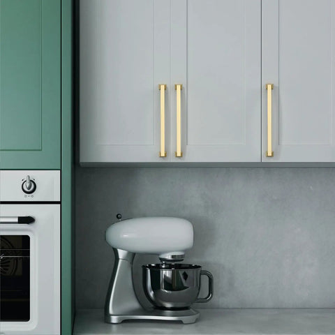 Ten Pack Of Ten Inch Brushed Gold Cabinet Handles For Modern Kitchen Doors And Drawers Premium Solid Pulls on gray cabinets.