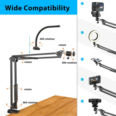 Wide compatibility of Overhead USB Ring Light Camera Mount With Flexible Arm Stand, 360 Degree Swivel shown with various devices