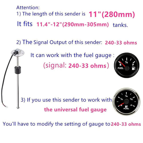 Stainless Steel Fuel Sending Unit with OKI Reed Switch 240-33 Ohm 11 Inch Arm Type Replacement for Marine Fuel Tank diagram showing specifications and compatibility.