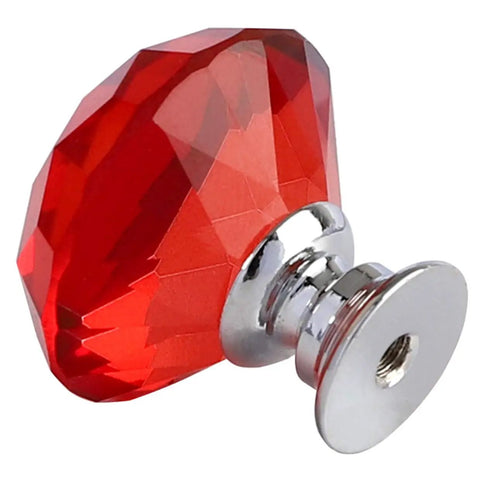 Top Shelf Red Diamond Cut Crystal Glass Cabinet Knobs Slick 30mm Drawer Pull Handles With Shiny Chrome Base And Mounting Screws close-up view.