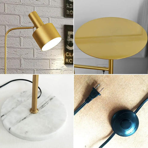 Contemporary Floor Lamp With Table, Adjustable Arm, And Cozy Glow, Ideal For Living Room Den Office Or Bedroom, E26 Base, Brushed Brass Finish, Slim Modern Design For A Fresh Cozy Vibe details including lamp head, table tray, marble base, and plug