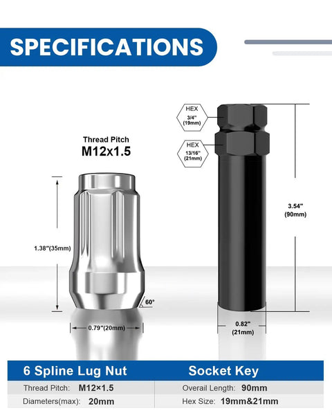 Built Tough 12x1.5 Chrome Lug Nuts With Six Spline Shape And Thirty Five Millimeter Height For Sixty Degree Conical Seats Includes Secure Twenty Piece Set Plus One Locking Key For Rollin Smooth Rides specifications showing dimensions and shape.