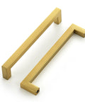 Brushed Brass Square Cabinet Handles With 6 1 4 Inch Center To Center Spacing Heavy Duty Kitchen Drawer Pulls And Vanity Hardware close-up view
