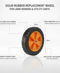 Heavy Duty Orange Solid Rubber Caster Wheel 7 Inch Non Pneumatic Replacement For Lawn Mower And Grill Base displayed with labeled features.