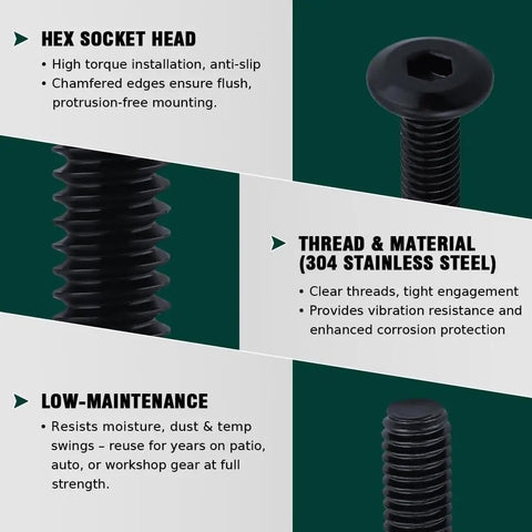 10 Sets Top Shelf M6 75mm Black Coated Flat Head Socket Cap Screws With Binding Nuts And 4mm Hex Wrench showing features like hex socket head and material.