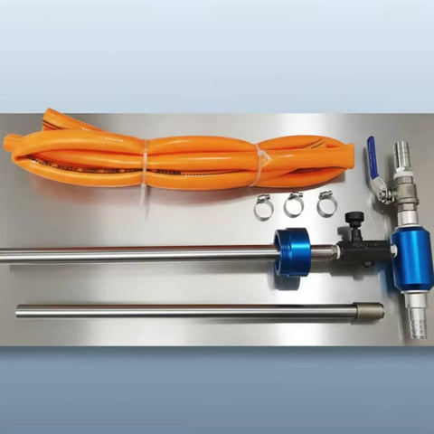 Adjustable Coolant Blending Mixer With Built-In Control Knob Ball Valve For Heavy Duty Machinist Fluid Mixing Automatic Inline System No Power Needed Efficient Pressure Powered Operation Reliable Workshop Tool with orange hose and stainless steel components.