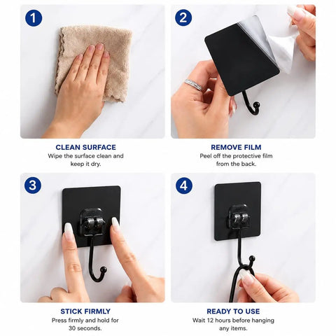 Step-by-step guide for installing Heavy Duty Wall Hanger Hooks No Drill Setup Durable Black Interior Storage Mounts.