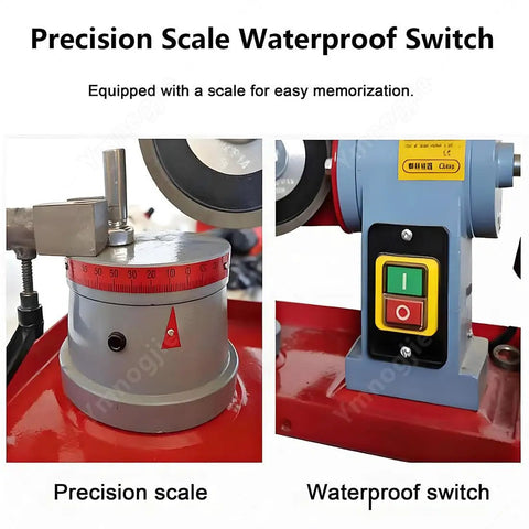 Kickass Electric Circular Saw Blade Sharpener With Bright Built In Led Light and Precise Sliding Rail showing precision scale and waterproof switch